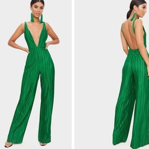 Green plisse plunge strappy jumpsuit